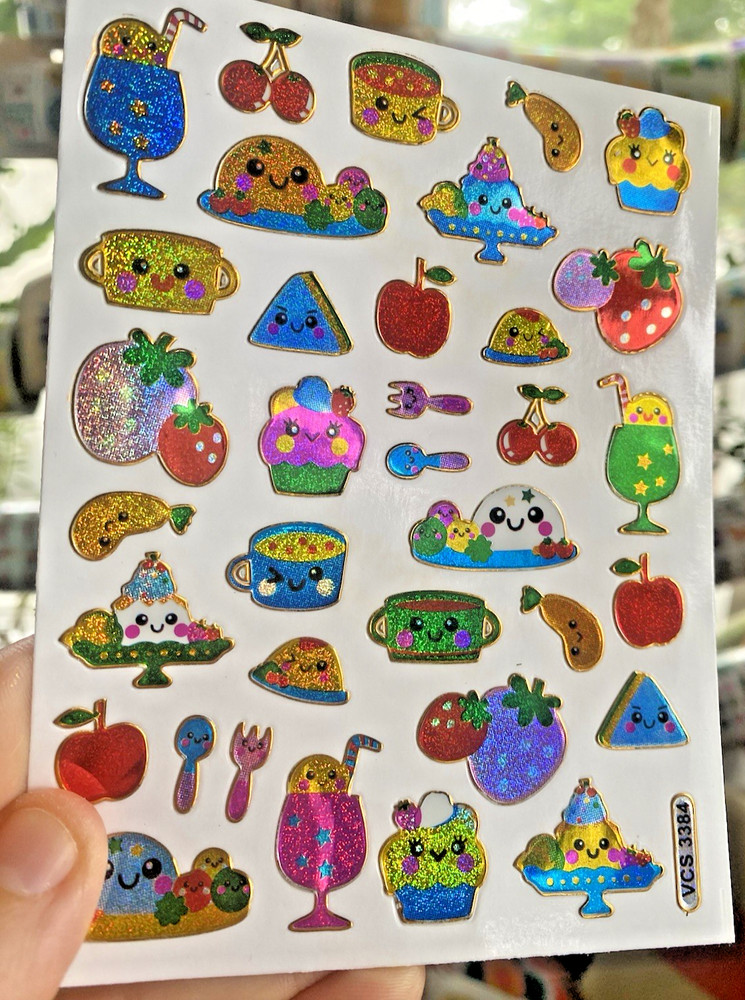 Sparkle Retro Kawaii Food Sticker Sheet (1 Sheet, 4×5 In., .5-.75 In. Stickers)