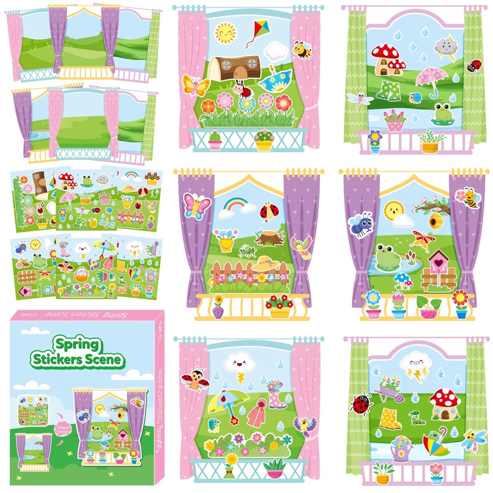 12 Sets Spring Nature Flower Scene Sticker Outside the Window Craft Kit for K…