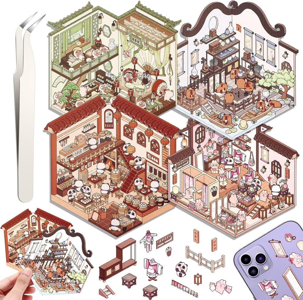 DIY 3D House Stickers for Adult & Kids, 4 Pcs Fun DIY Stickers Scene Make Your O