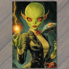 STICKER Alien Woman Bow Tie Lightning UFO Red Eyes Stylish Suit Sci Fi Power P
