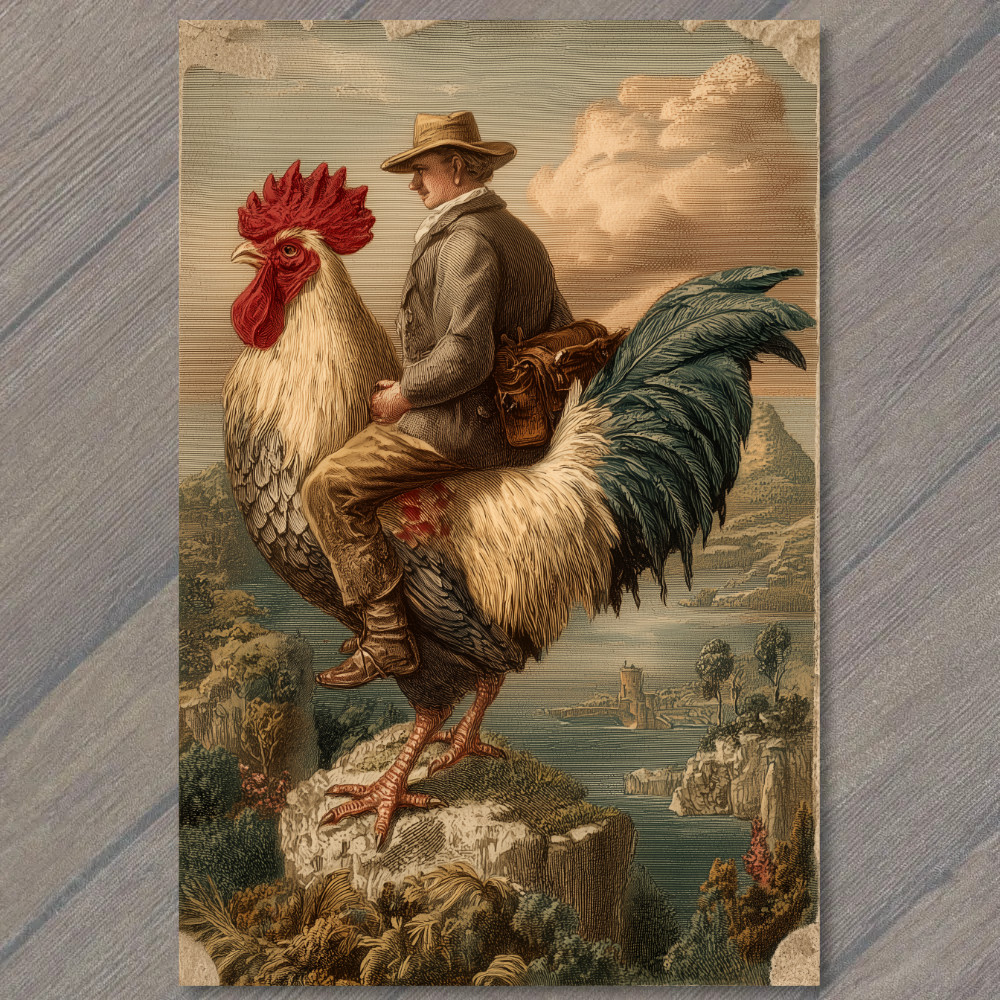 STICKER Man Riding Rooster Cliffside Landscape Fantasy Poultry Cowboy Traveler
