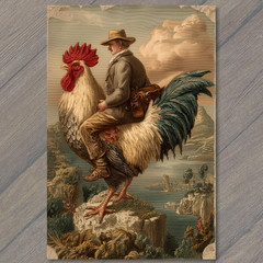 STICKER Man Riding Rooster Cliffside Landscape Fantasy Poultry Cowboy Traveler
