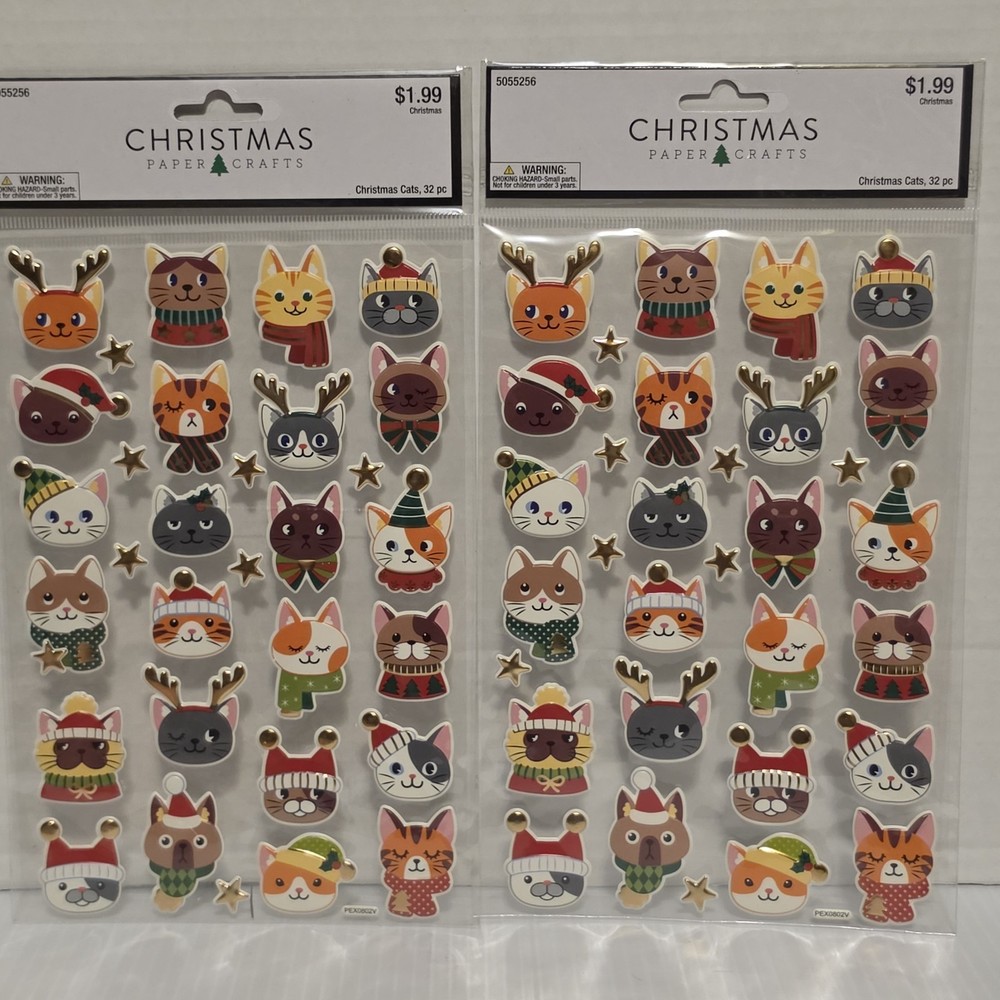 Christmas Paper Crafts Puffy Stickers- Christmas Cats Kitten-lot Of 2