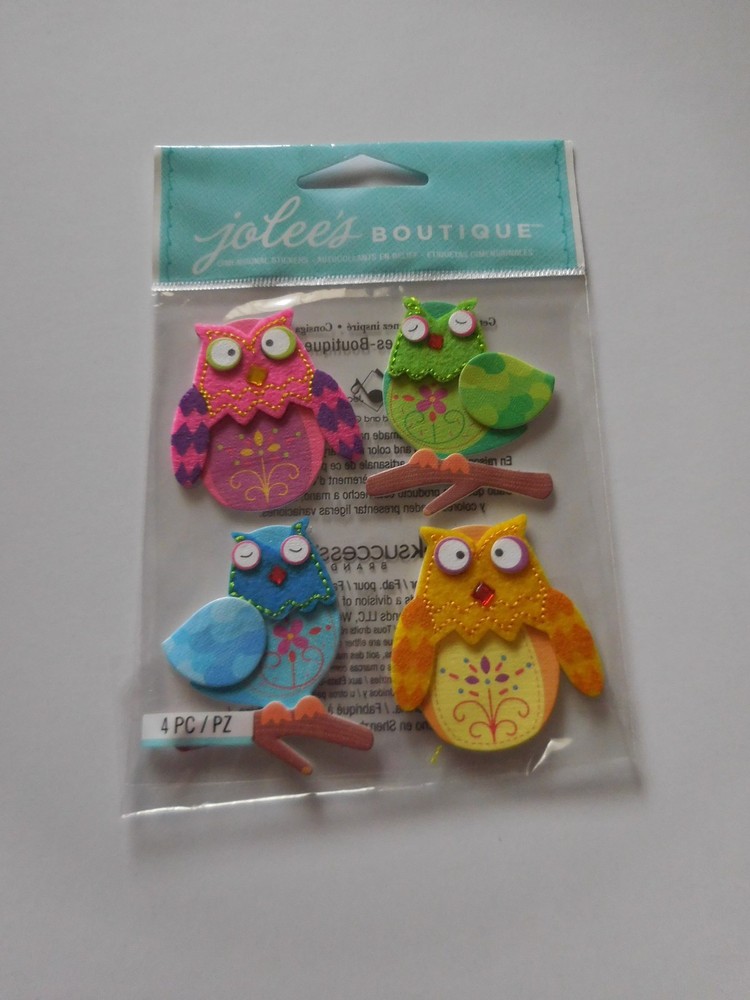 Crafts Stickers Jolees Stitched Owls Fabric Bright Pink Blue Green Branches Eyes
