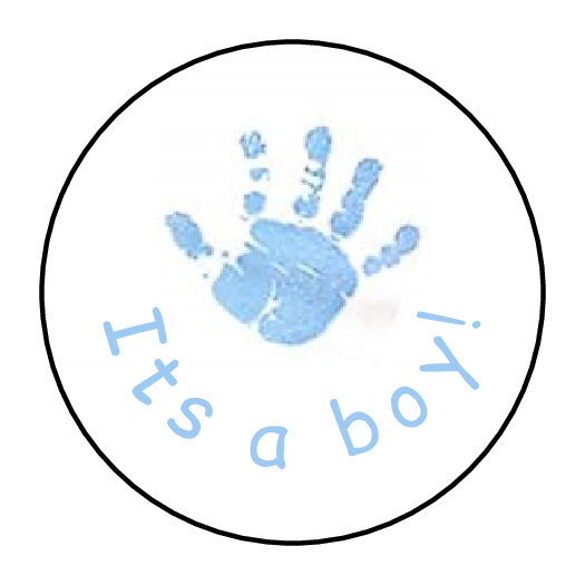 blue baby handprints stickers, labels, envelope seals, gender reveal, its a boy