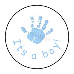 blue baby handprints stickers, labels, envelope seals, gender reveal, its a boy