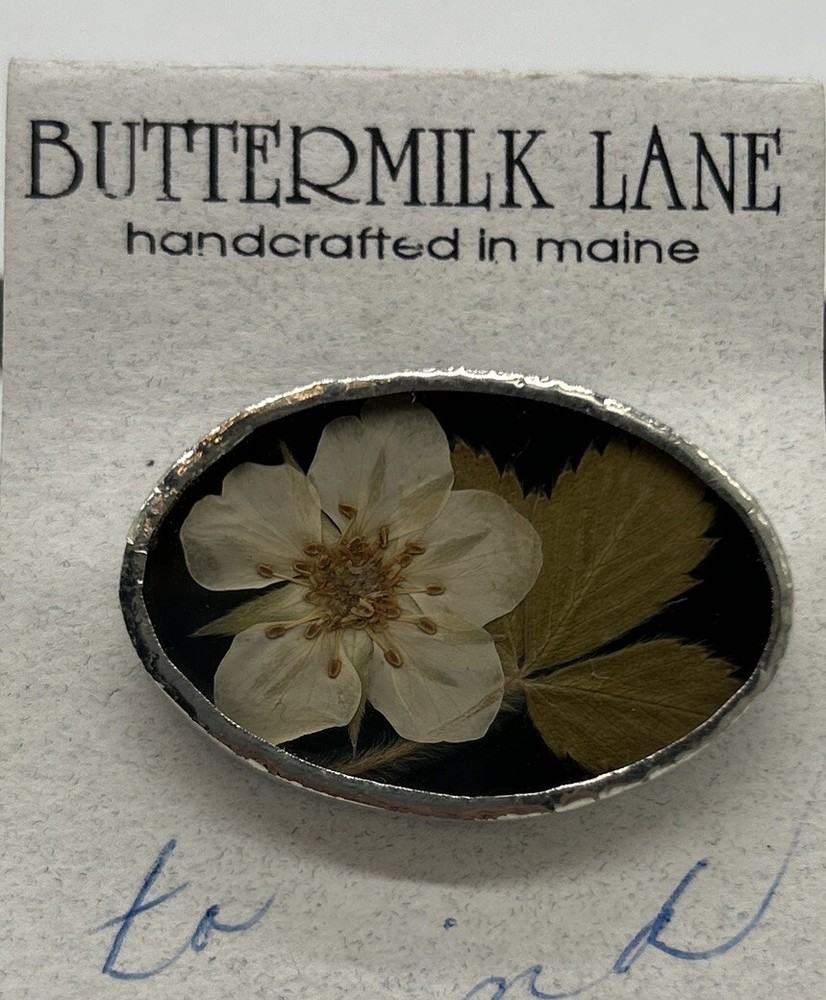 Vintage BUTTERMILK LANE Real Pressed Flower NIB Pin Silver Brooch – 1″ x 1/2″