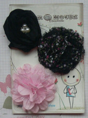 PINK & BLACK Mix Fabric Organza 3 Flower Pack 70-80mm Manor House