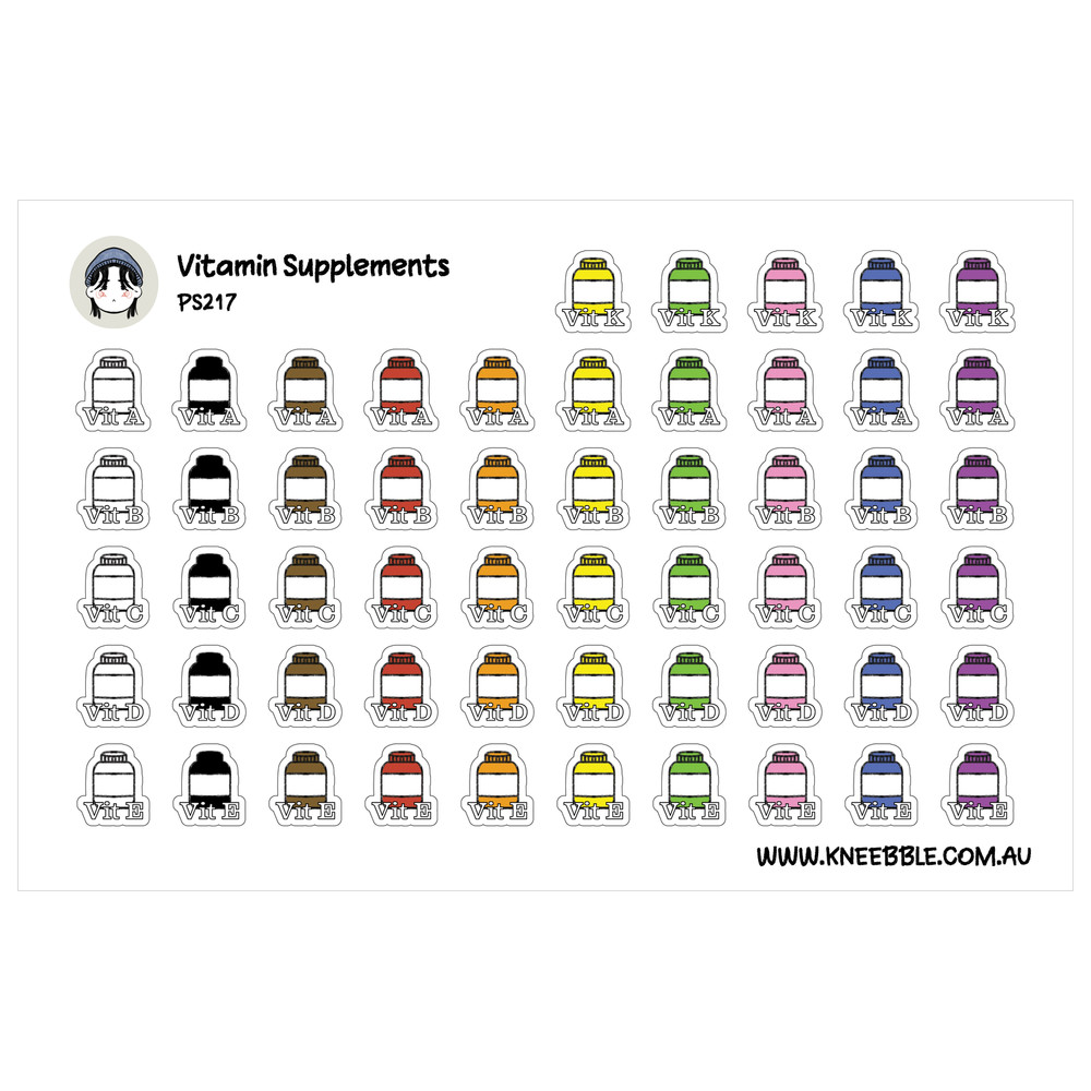 Vitamin Supplement Stickers – Planner Icons A B C D E K Health Tracker Intake