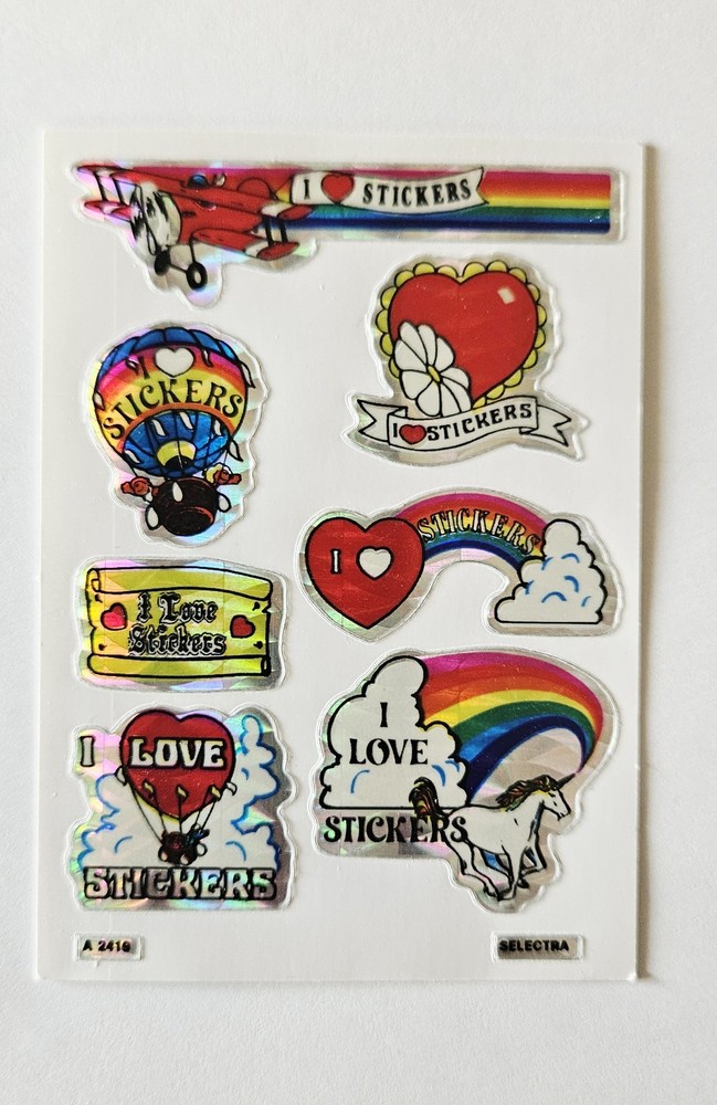 Vtg 80s Selectra I Love Stickers Unicorn Heart Balloon Prism A 2419 Vending