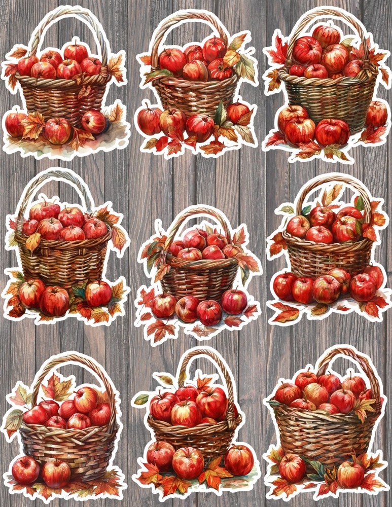 Fall Apple Basket Die Cut Vinyl Stickers Set Scrapbooking Laptop Waterbottle