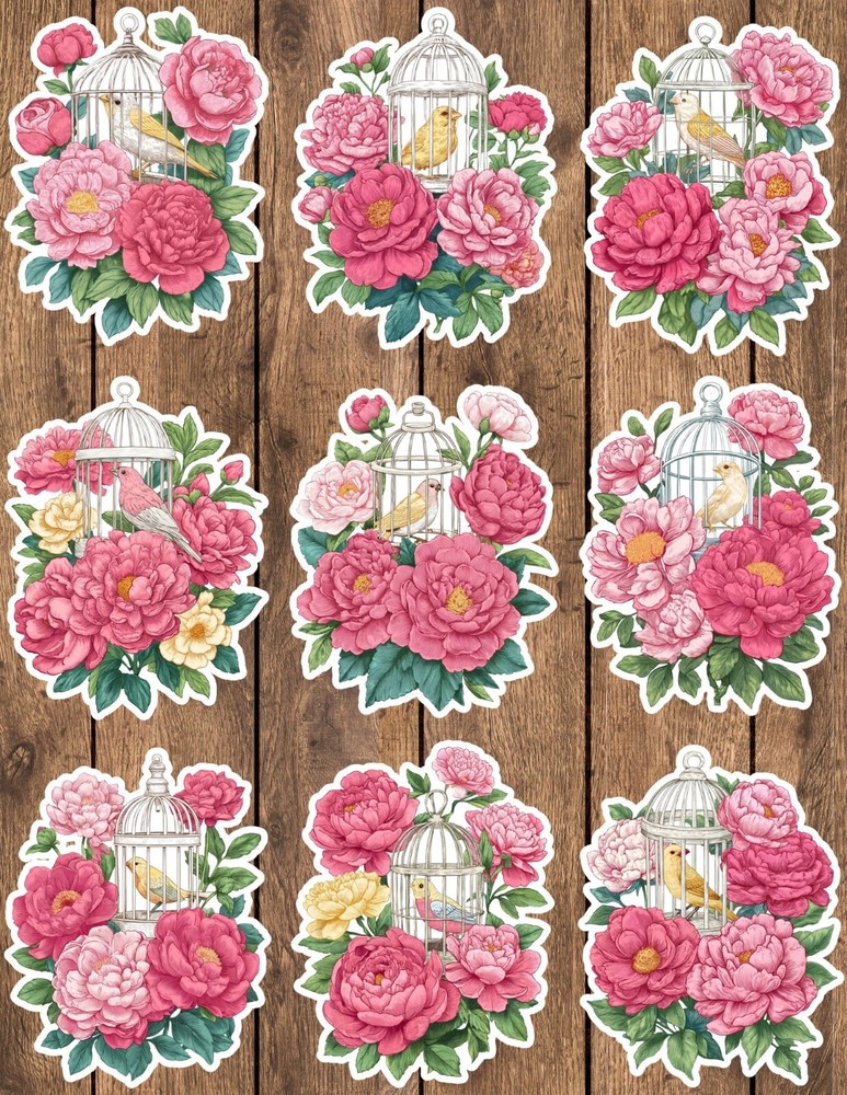 Birdcage Flowers Die Cut Vinyl Stickers Set Scrapbooking Laptop Water Bottle