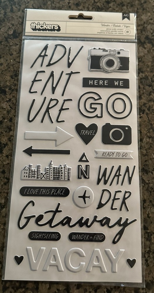 Thickers WANDER Crate Paper Here + There Glossy Puffy Stickers Black and White
