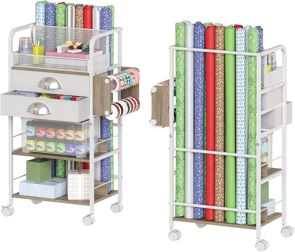Rolling Gift Wrap Storage Cart Organizer White 16.54×11.4×32.68 inches Christmas