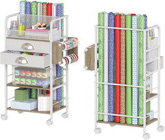 Rolling Gift Wrap Storage Cart Organizer White 16.54×11.4×32.68 inches Christmas