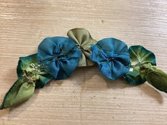 2 Vintage Ribbonwork Flowers Yellow, Blue & Green Silk Satin Stamens