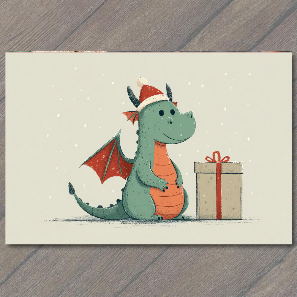 STICKER Christmas Dragon Santa Hat Gift Box Cute Snow Holiday Fantasy Creature