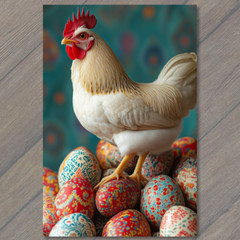 STICKER Rooster Chicken Standing Easter Eggs Colorful Festive Spring Farmyard