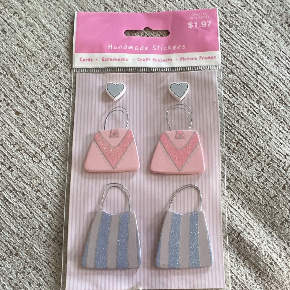Handmade Purse & Heart Glitter Stickers, Pink/Blue/White/Gray, Hearts Theme