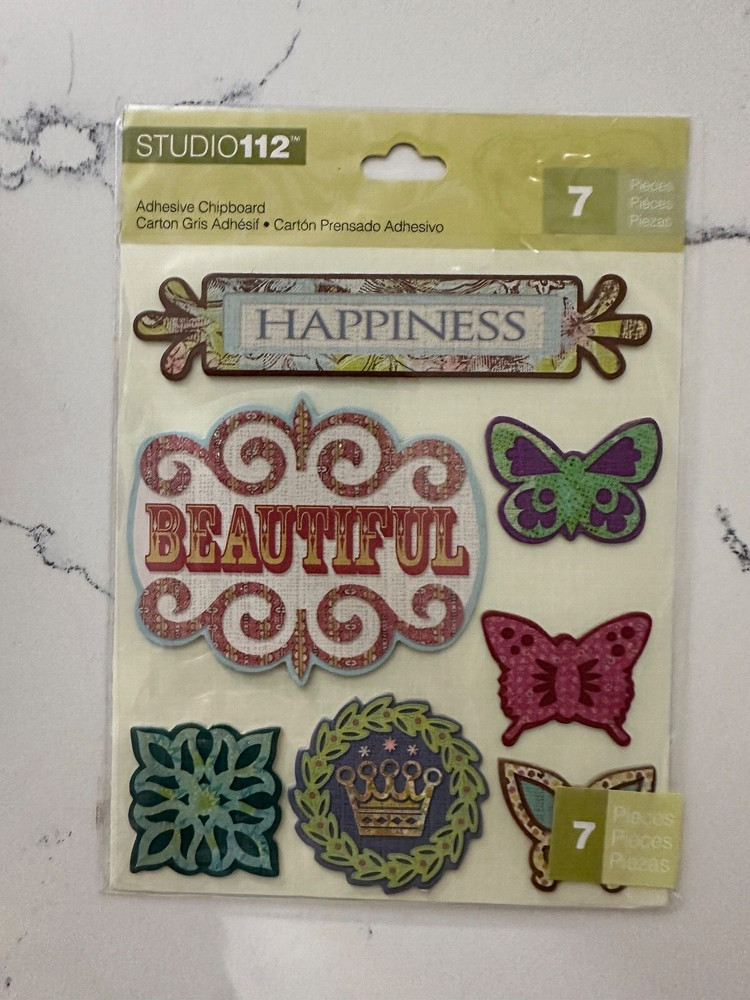 Studio112 7PC Flourish Adhesive Chipboard Happiness Beautiful Butterfly Plaques
