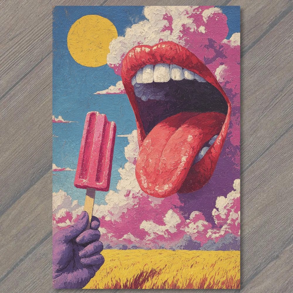 STICKER Surreal Giant Mouth Popsicle Field Pink Clouds Retro Pop Art Fantasy