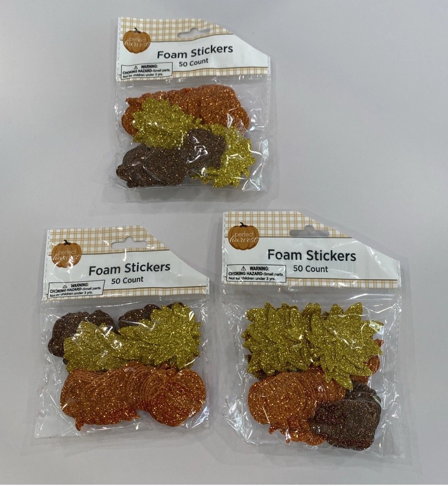 Perfect Harvest Fall Foam Stickers Crafts Leaves Pumpkin Glitter (3) 50 ct Packs