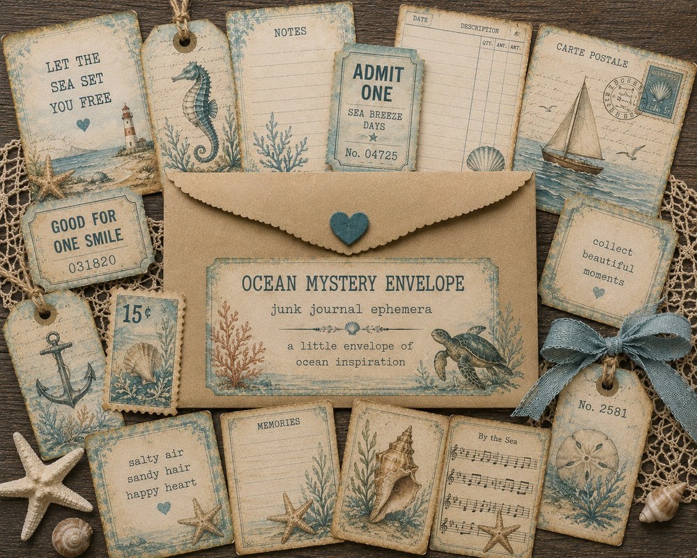 Mystery Junk Journal Ephemera Envelope Vintage Scraps, Tags, Tickets, Ocean