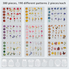 380 Pcs Pressed Flower Sticker Set Dried Flowers Themed Resin Journaling Sticker