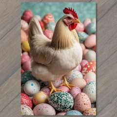 STICKER Rooster Chicken Standing Easter Eggs Colorful Festive Spring Farmyard