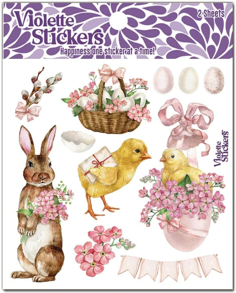 Violette Stickers 2 Sheets Pink Easter Flowers Bows Basket Eggs Bunny Chicks