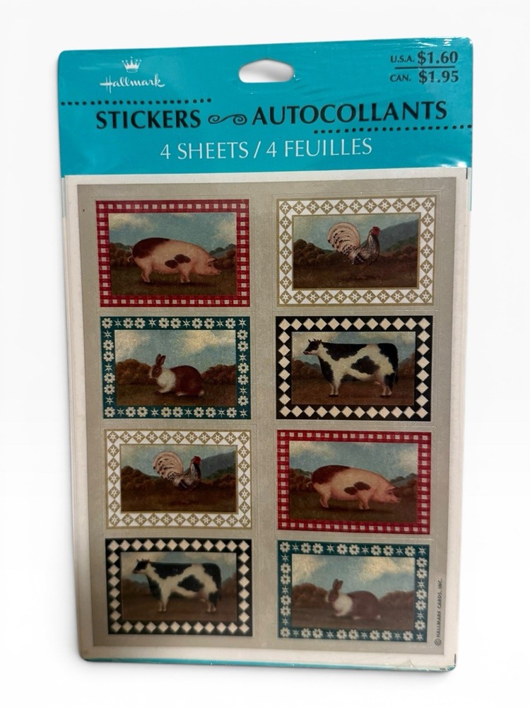 Vintage Hallmark Stickers 4 Sheets Sealed Farm Animals Pig Rooster Cow Rabbit