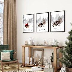 Set of 3 Framed Christmas Wall Art Farmhouse Santa Claus Is Coming To Town Wa…