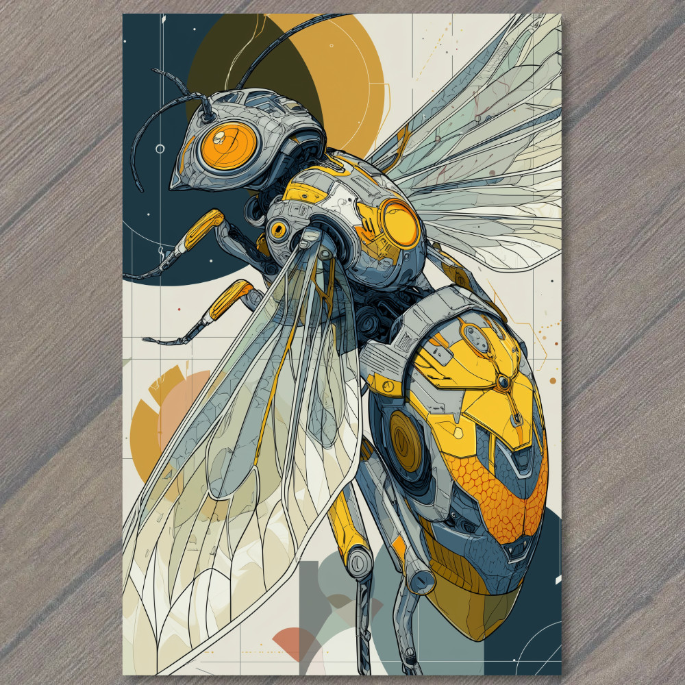 STICKER Mech Wasp Yellow Wings Futuristic Robot Insect Hex Panel Cyber Exosuit