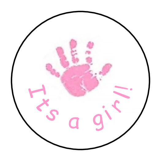 pink baby handprints stickers, labels, envelope seals, gender reveal, its a girl