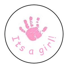 pink baby handprints stickers, labels, envelope seals, gender reveal, its a girl