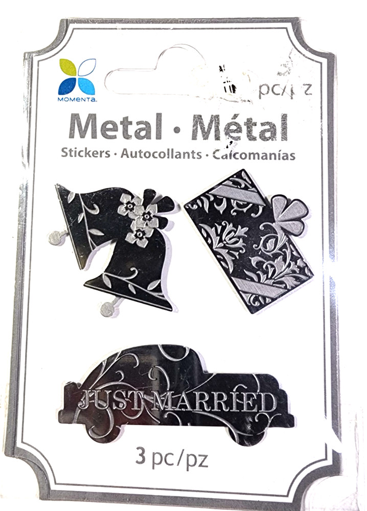 Just Married Car & Bells Metal Embossed Stickers Momenta 3pc Wedding Scrapbook
