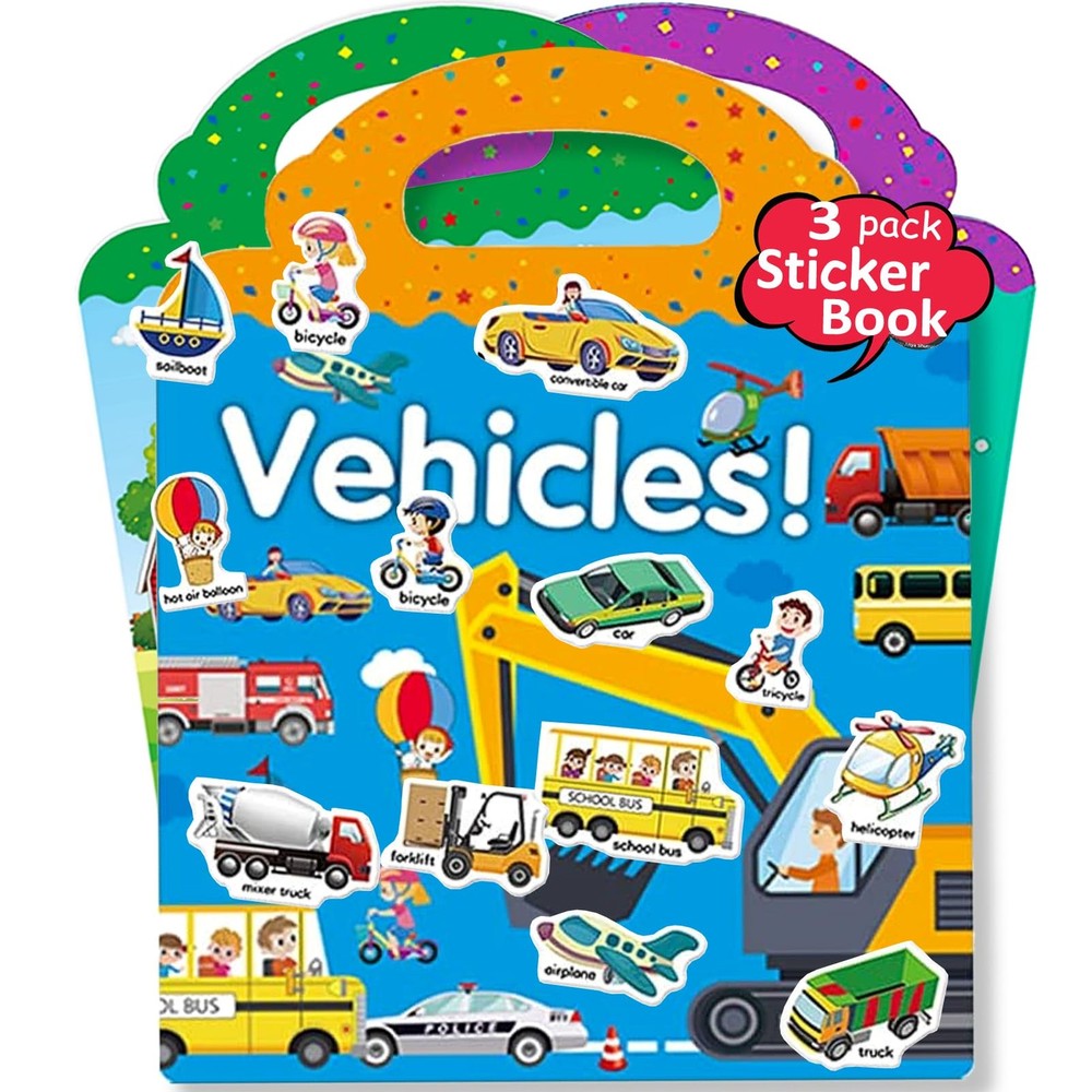 3 Sets Reusable Sticker Books for Kids Farm Zoo Animal Vehicle Age 3-6