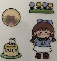 LITTLE GIRL W/CAKE Mylar Stickers(4pc)Kid•Bunny Rabbit•Flowers•Bear•Card Making•