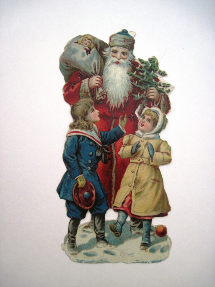 Sweet 1800’s Die Cut of Santa w/ Boy & Girl Walking Together *