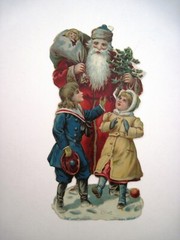 Sweet 1800’s Die Cut of Santa w/ Boy & Girl Walking Together *