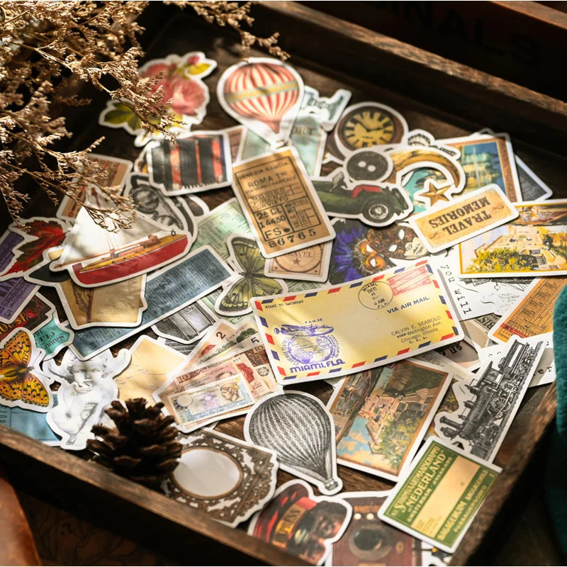 64Pcs Vintage Travel Junk Journal Ephemera Decorative Paper Ticket Stickers