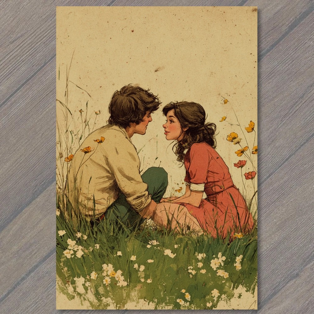 STICKER Young Couple Wildflowers Meadow Romantic Vintage Portrait