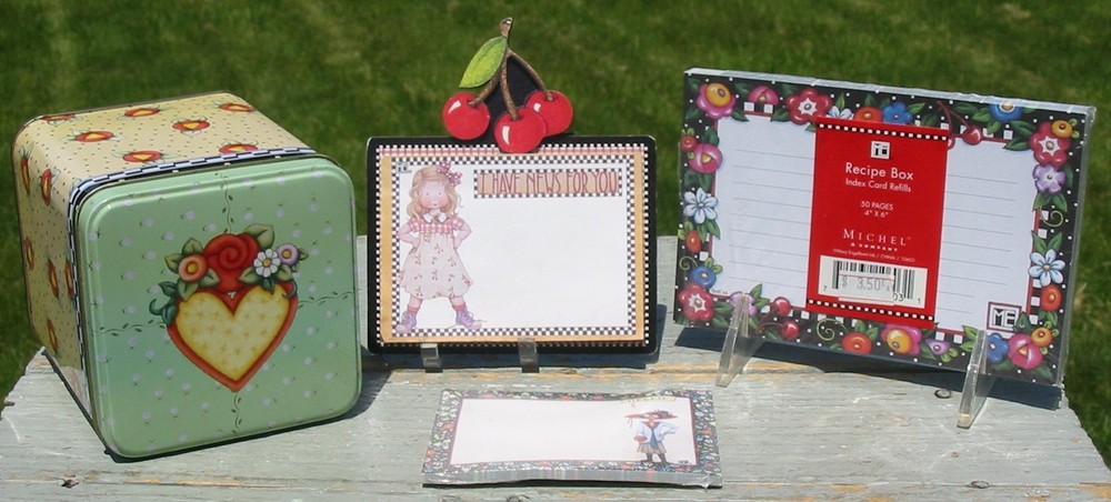 Retired Mary Engelbreit 4 Lot Tin Box Recipe Cards Post It Magnet Cherries Folks