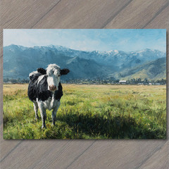STICKER Cow Standing Field Mountain Farm Country Landscape Blue Sky Rustic Cha