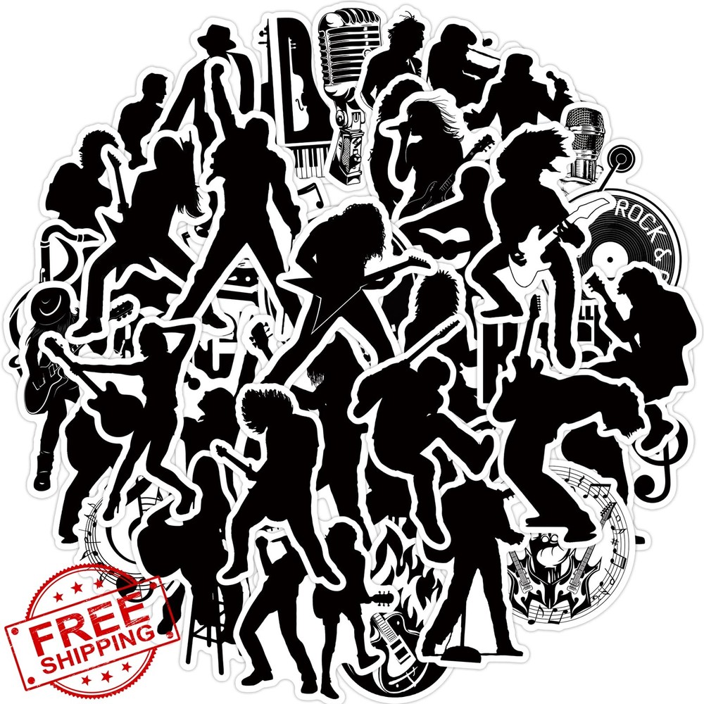 TNCDJKPA Rock Roll Stickers 50pc Black White