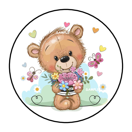 TEDDY BEAR FLOWERS HEARTS ENVELOPE SEALS LABELS STICKERS 1.5″ ROUND PARTY FAVORS