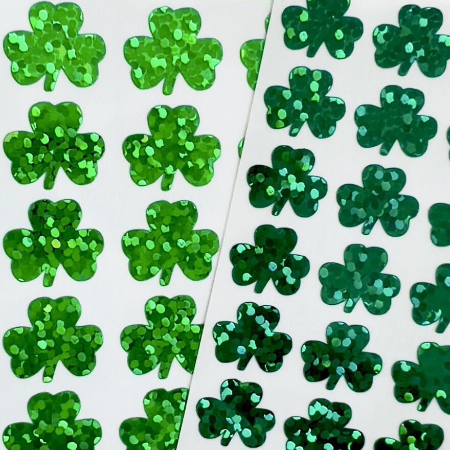 Holographic Sparkle Shamrock/Clover Stickers! – Choose a Color & Size