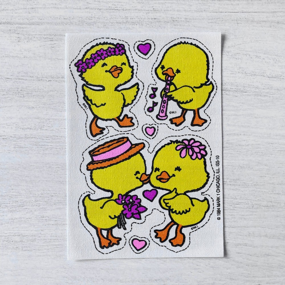 Vintage Mark 1 Scratch N Sniff 80s Iron-On Patch, Yellow Ducks Floral Scent
