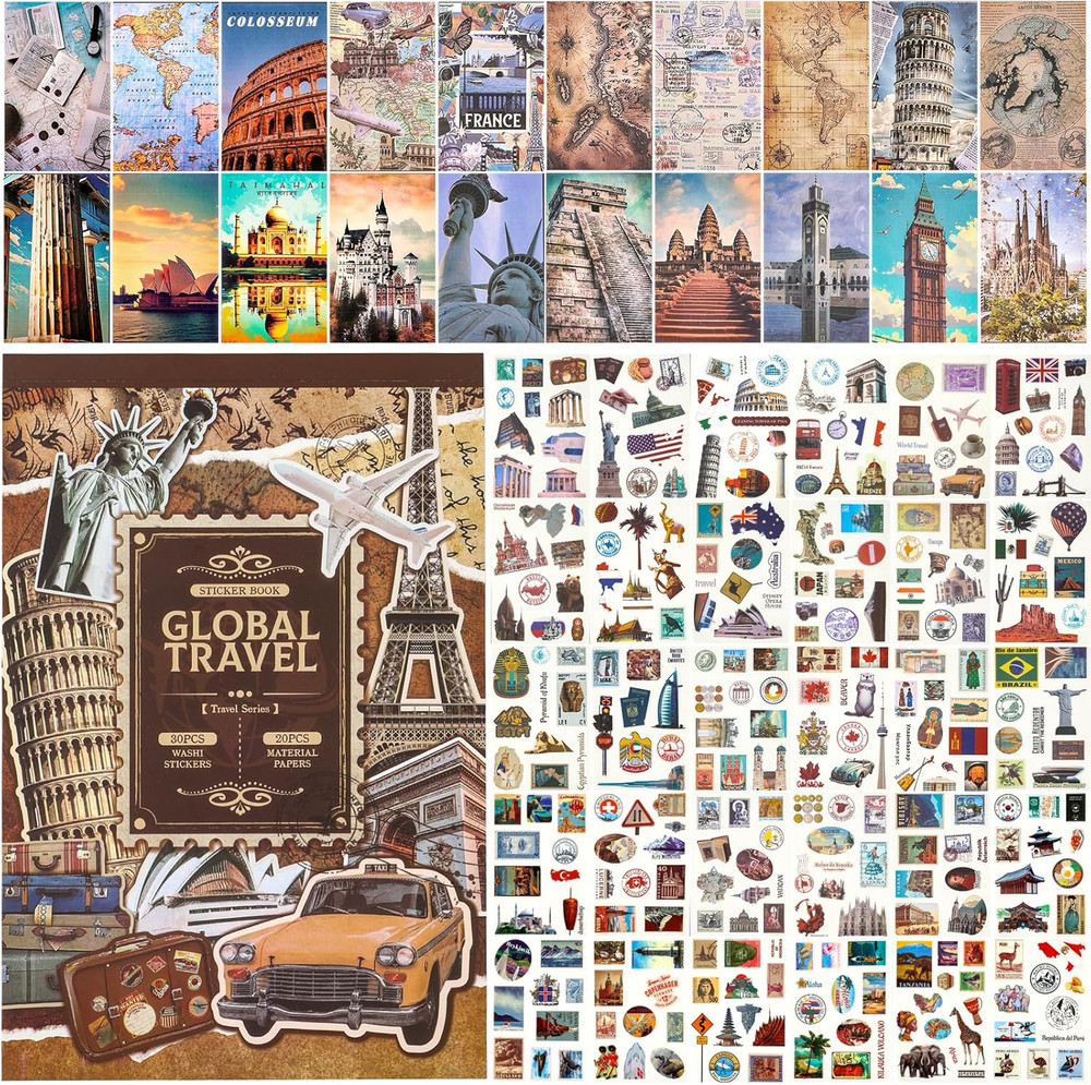 Washi Sticker Set with 300 Pre-Cut Stickers and 20 Scrapbook Papers