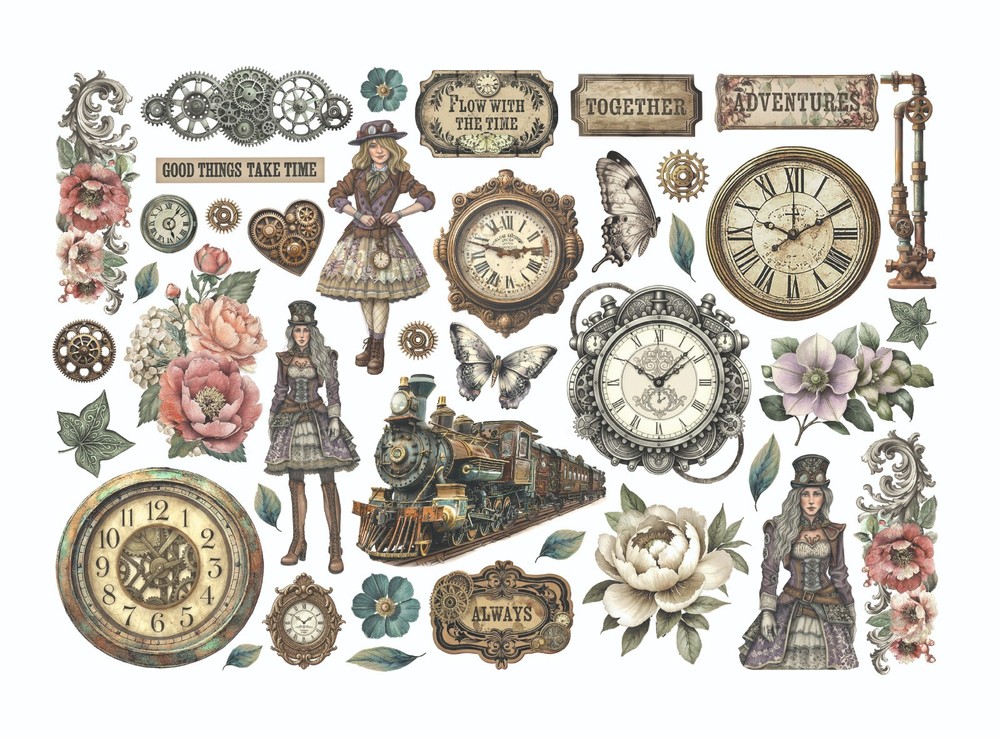 Stamperia GARDENS OF TIME Adhesive Ephemera Steampunk Clocks 40pc DFLCT78